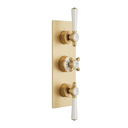 Booth & Co. Axbridge Brushed Brass 2 Outlet 3 White Handle Shower Valve